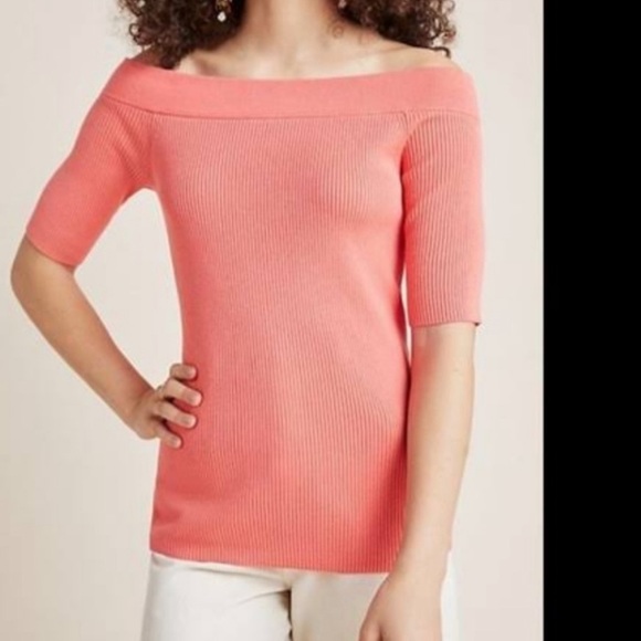 Anthropologie Women's Ribbed Off Shoulder Knit Shirt Size Medium Coral - Picture 2 of 7